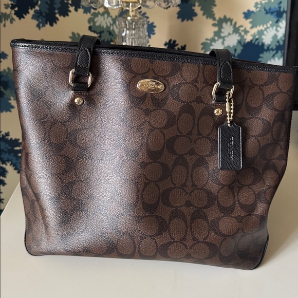 Coach Zip Top Tote Bag In Signature Canvas Black/Walnut/Gold 
Style code -F34603 - Picture 13 of 14